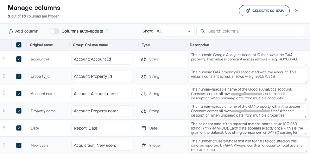 Manage columns