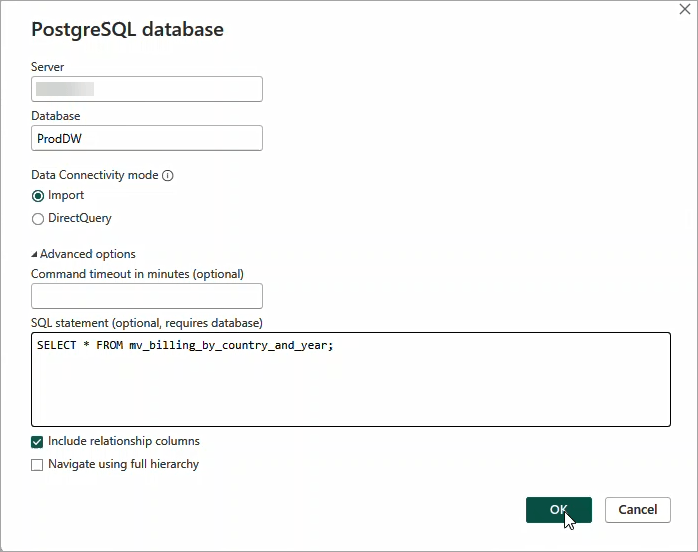 Accessing a PostgreSQL materialized view from Power BI