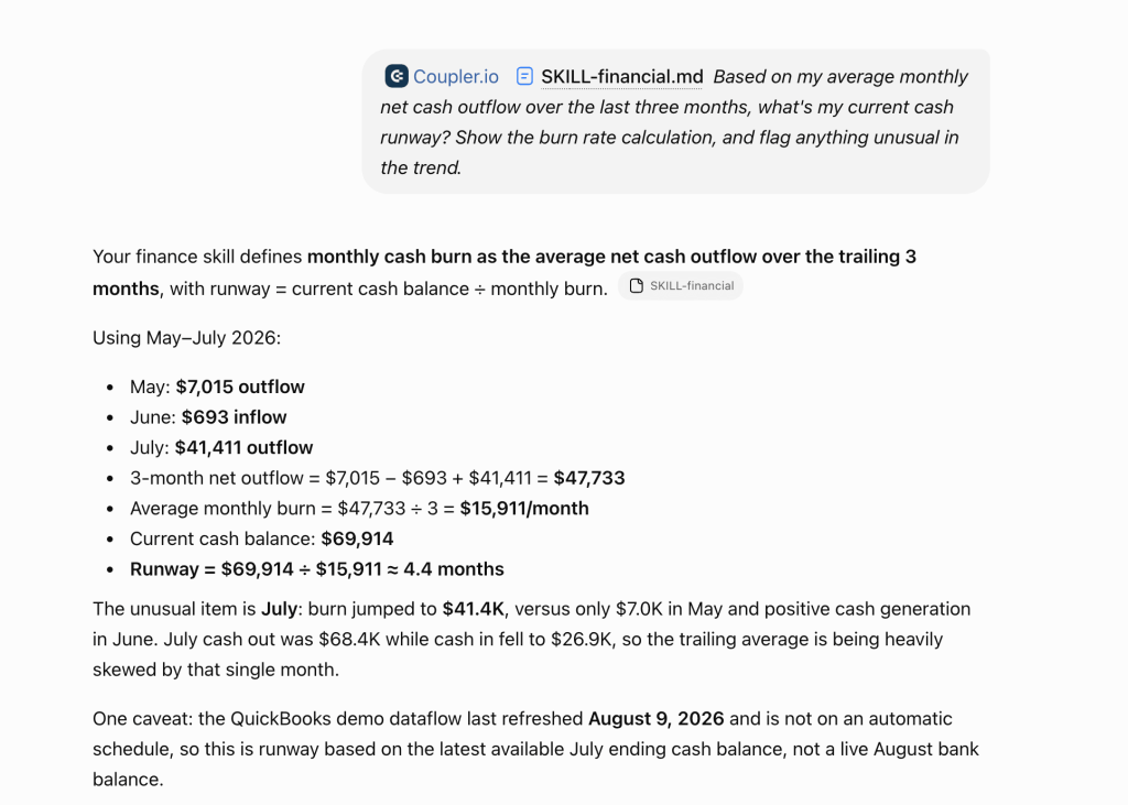 chatgpt quickbooks analysis cash runway