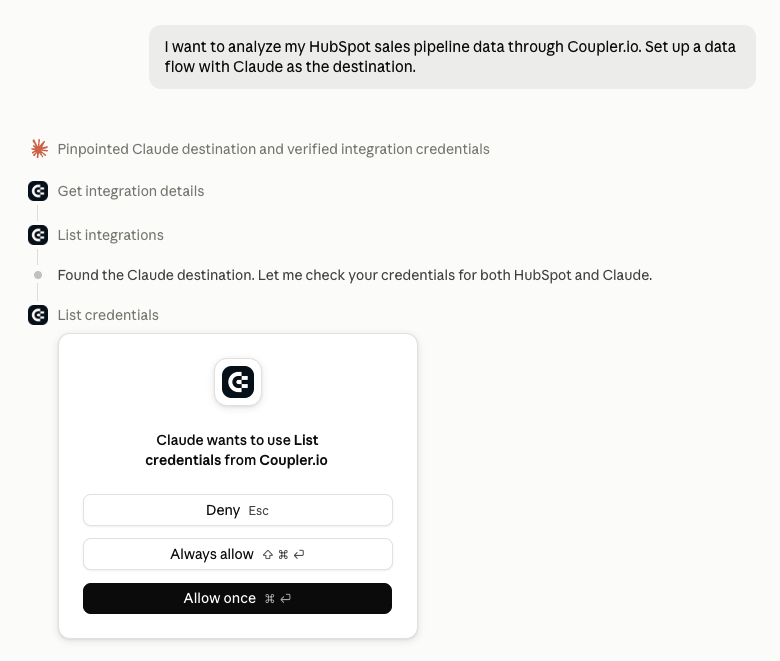 Coupler.io setup through Claude