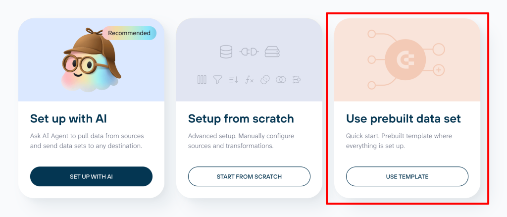 Choosing to use a prebuilt data set to create a dataflow with Coupler.io