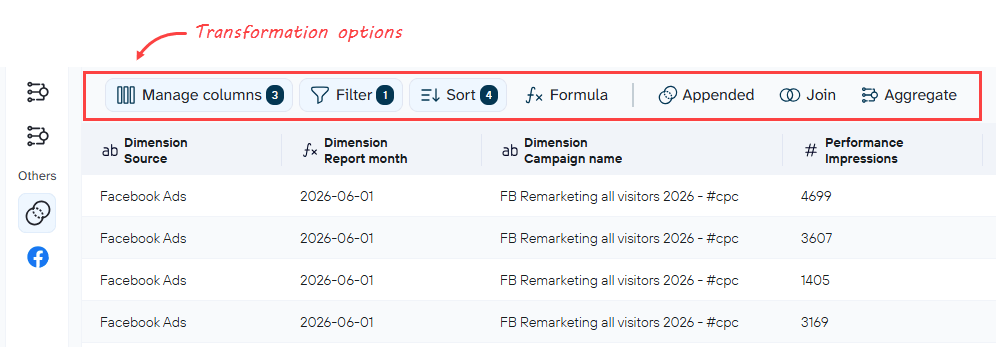 Transformation menu in Coupler.io