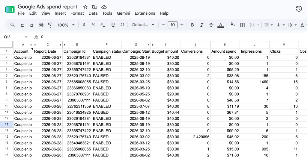 report sheet google ads spend