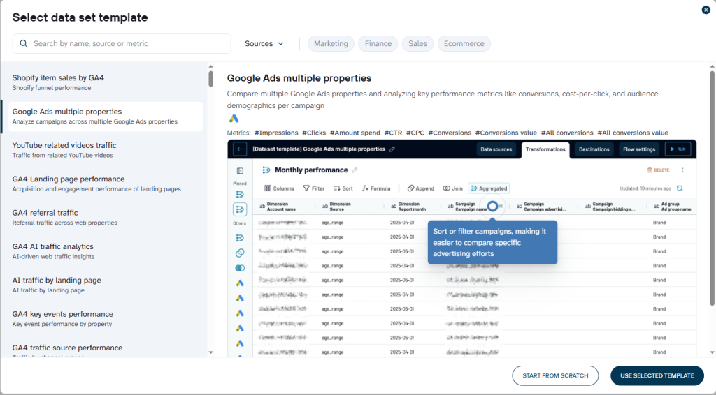 select dataset for google ads postgresql integration