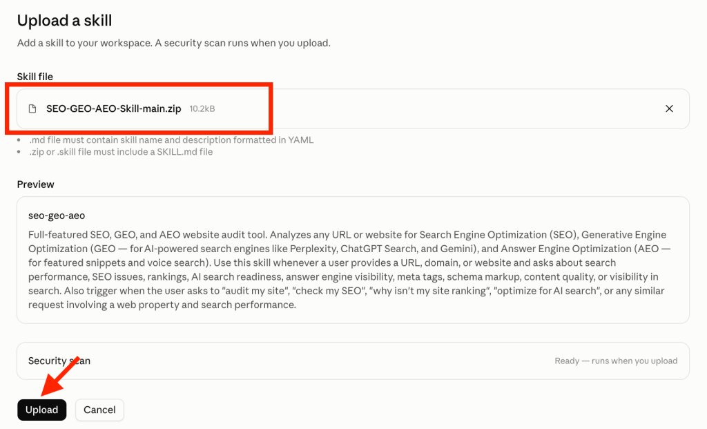 upload seo aeo skill in claude