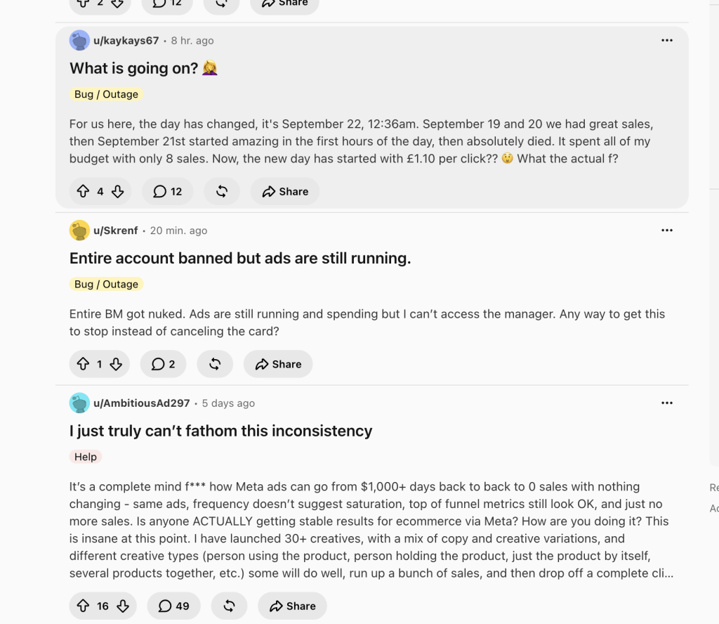 facebook ads meta user bug complains