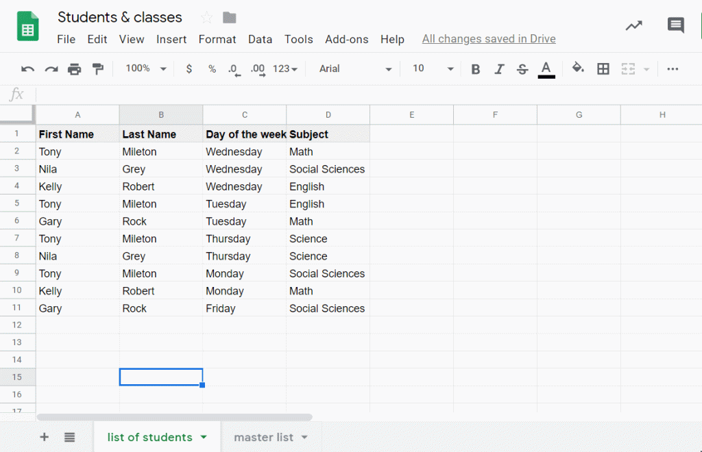 Example of linking sheets in Google Sheets