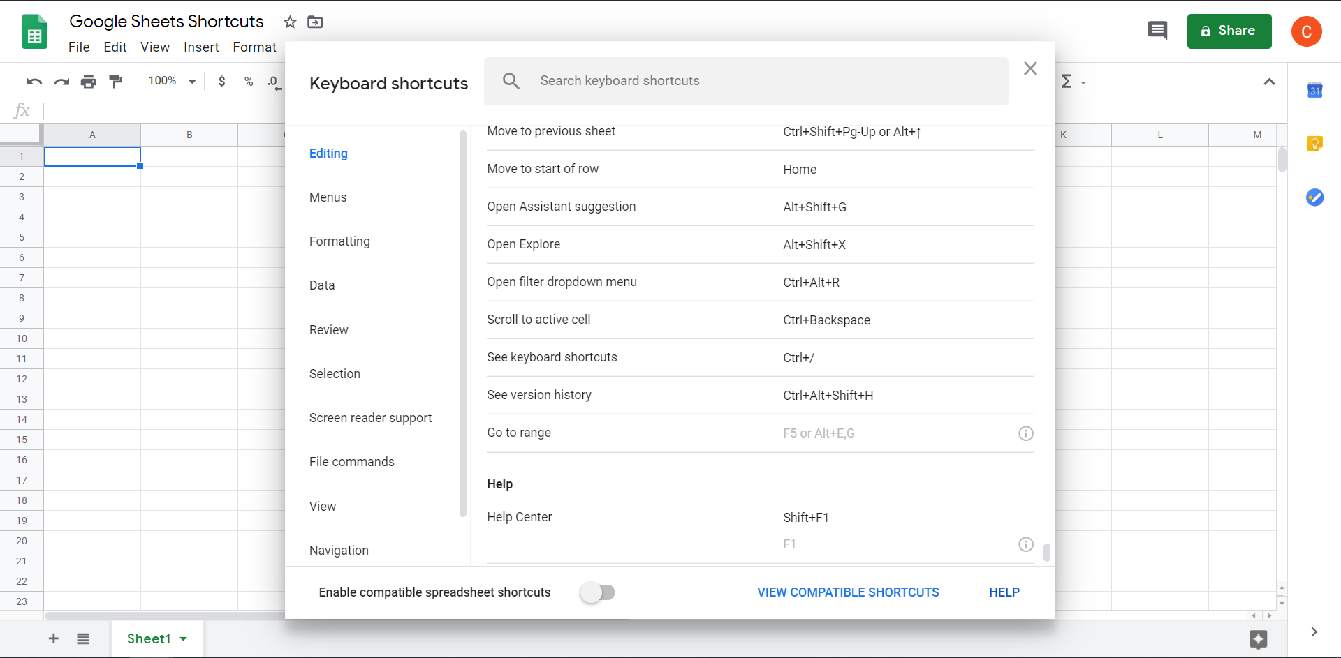 All Google Sheets keyboard shortcuts