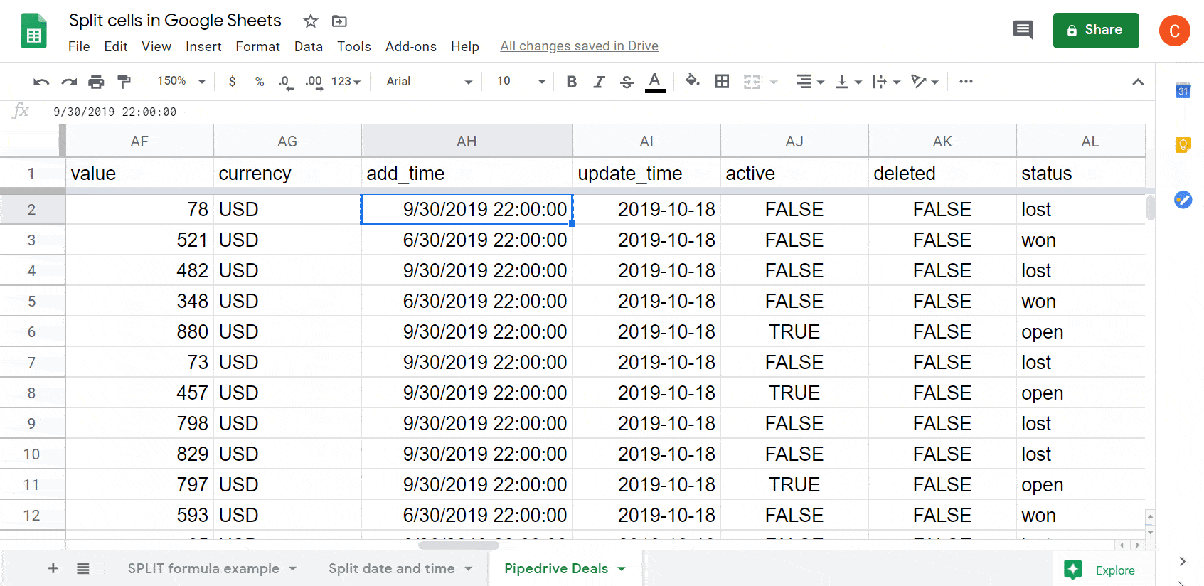 Formula to split date-time column