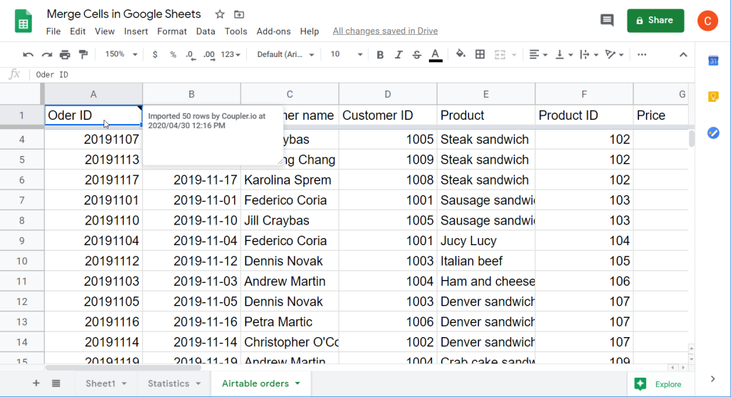 google doc merge cell commande