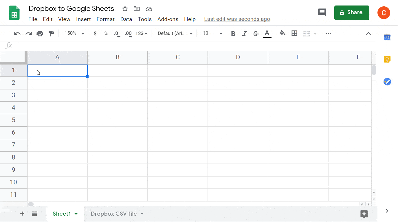 CSV from Dropbox to Google Sheets IMPORTDATA formula example