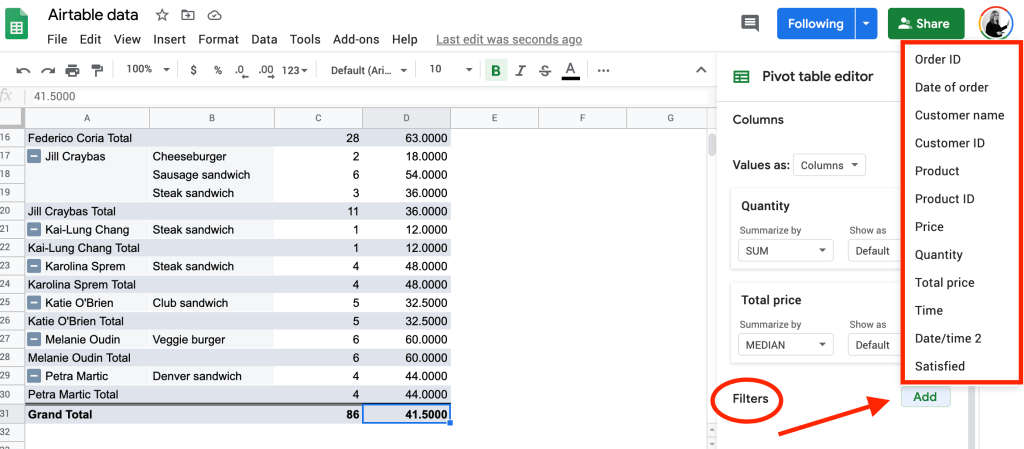 Filter options in a pivot table