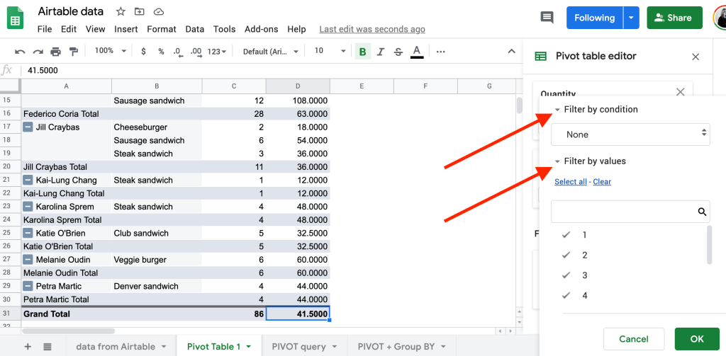 Filter by condition and by value in pivot tables