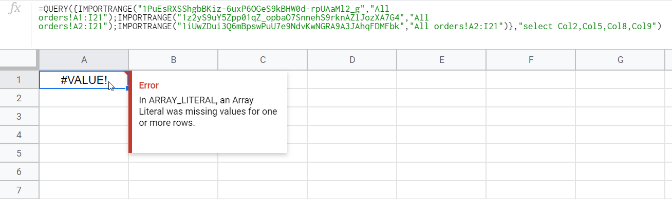 Error: in ARRAY_LITERAL, an Array Literal was missing values for one or more rows
