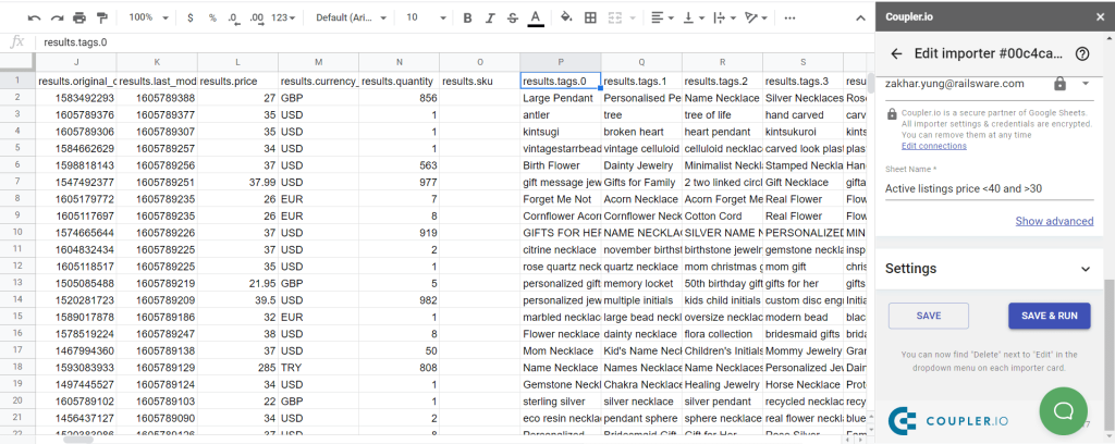 Etsy active listings imported to Google Sheets