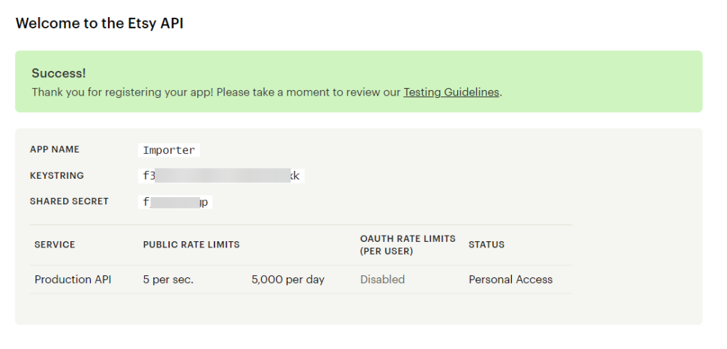 Etsy app was successfully registered