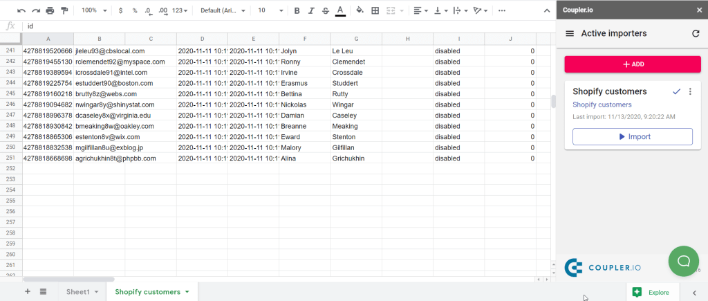 First page imported to Google Sheets
