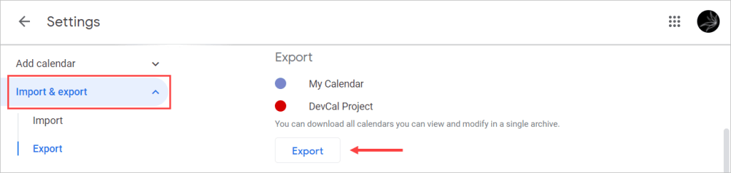 Export ICS files from all calendars