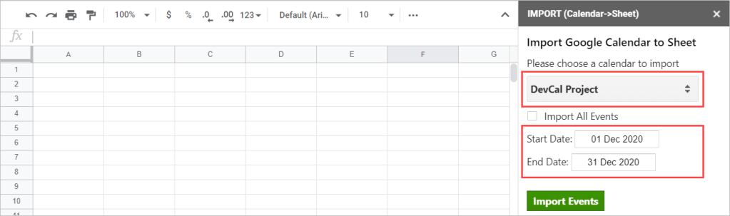 Add filters in Sheets2GCal