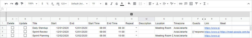 Calendar data imported with Sheets2GCal