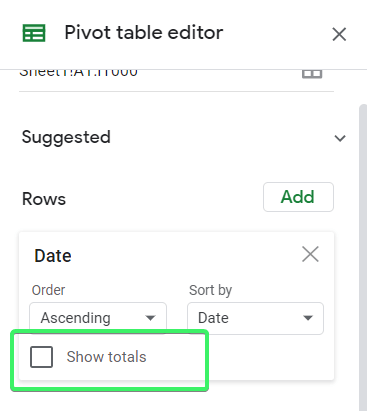 Uncheck Show totals in a pivot table