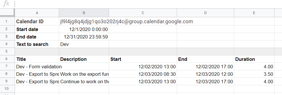 Calendar data imported with Apps Script