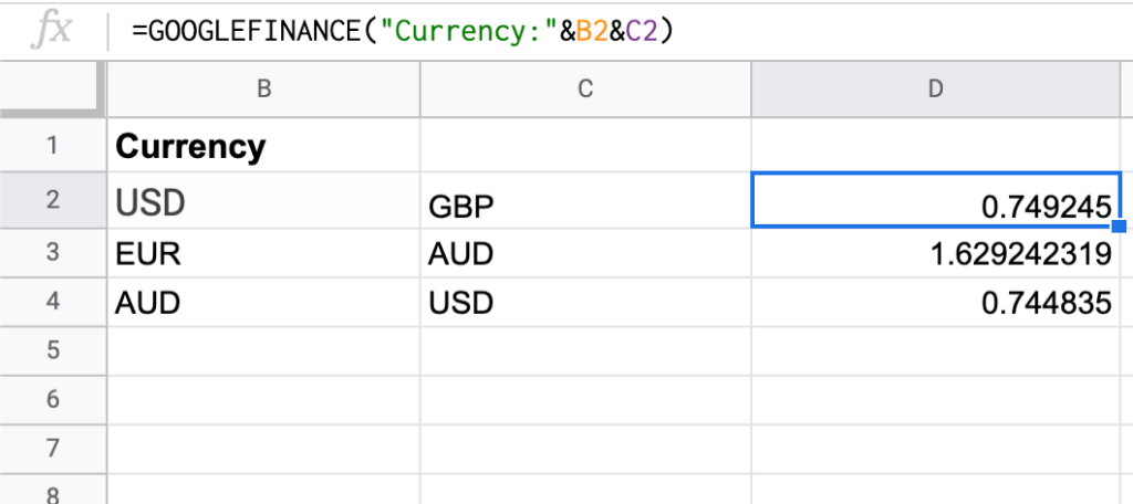 GOOGLEFINANCE currency formula example