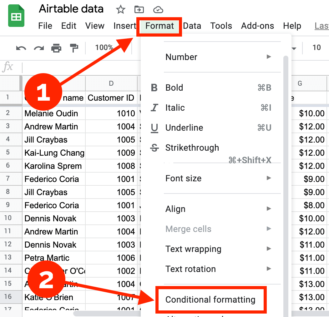 Click Format => Conditional Formatting
