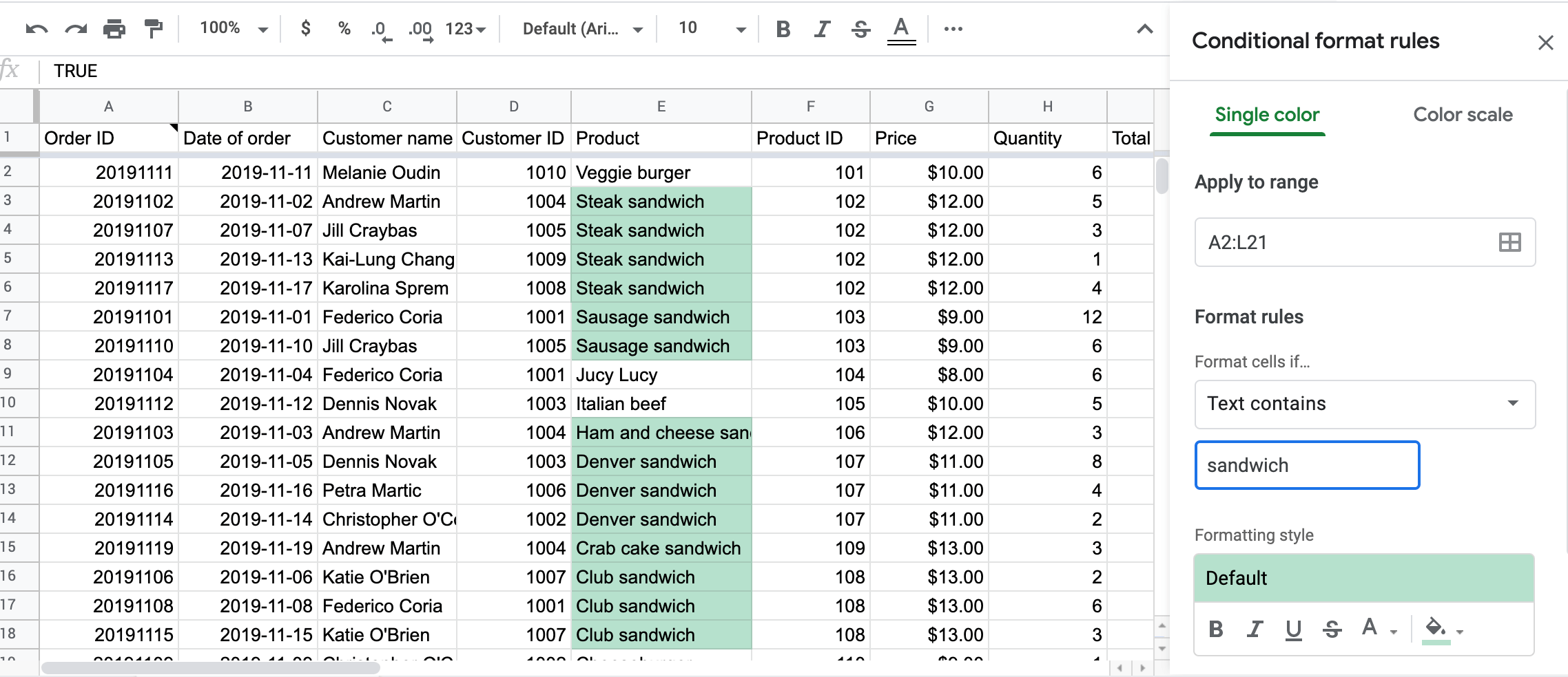 Conditional formatting "Text contains"