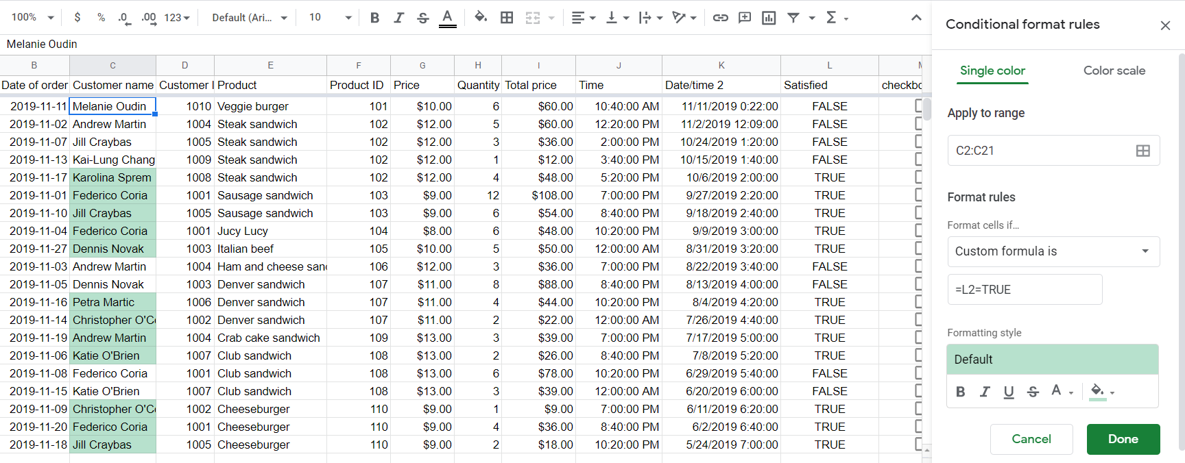 Conditional formatting "Custom formula is..."