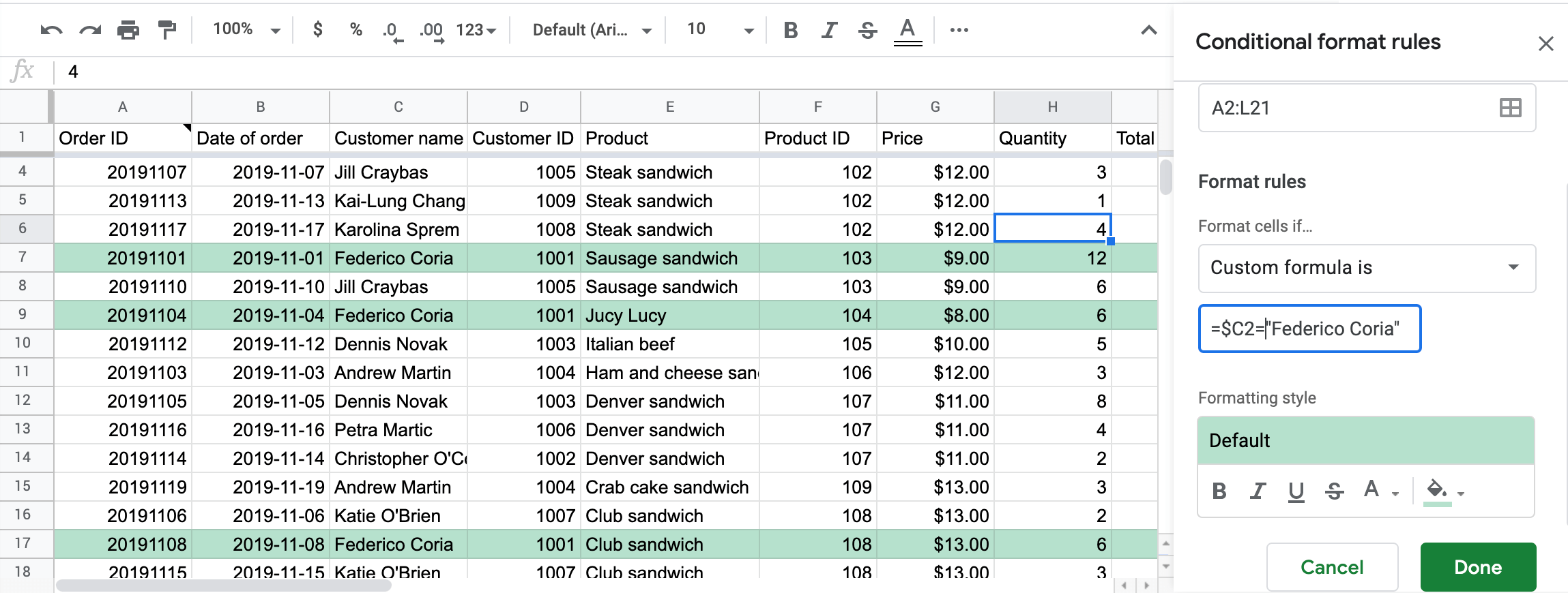 Full row conditional formatting in Google Sheets