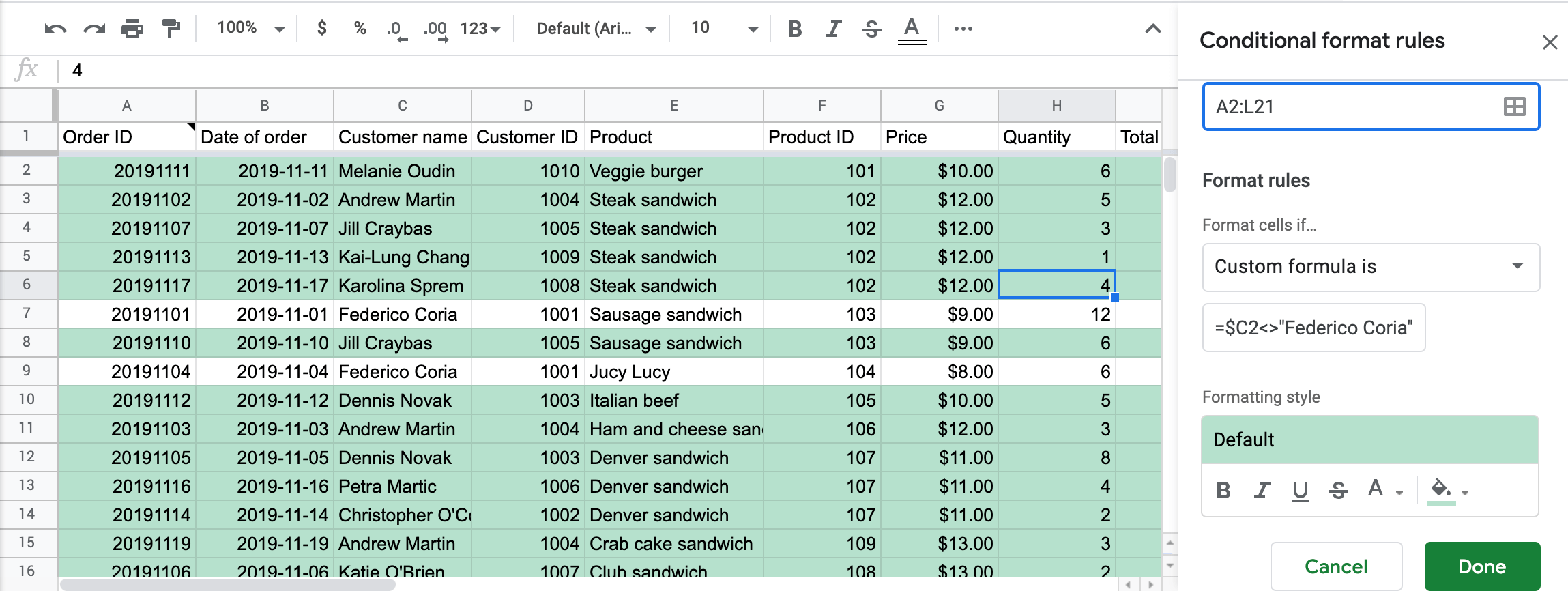 Highlight any rows that don't include a given value