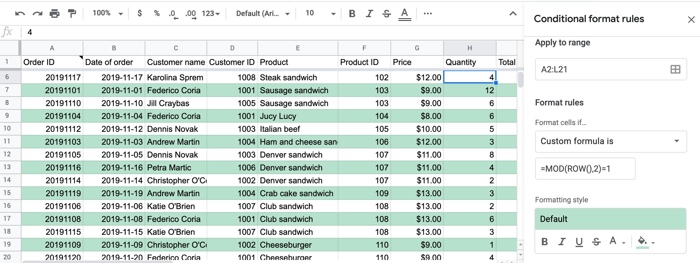 Highlight alternate rows with the help of conditional formatting in Google Sheets