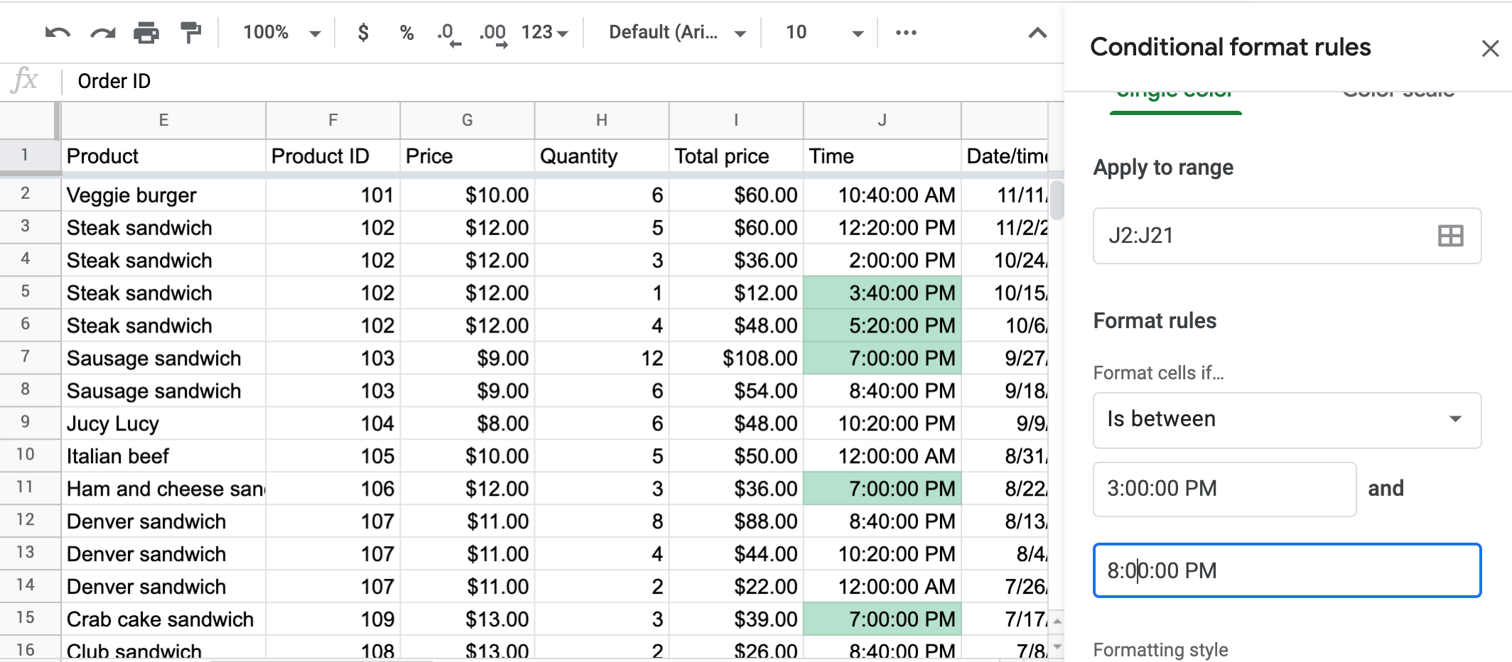 Google Sheets conditional formatting based on time