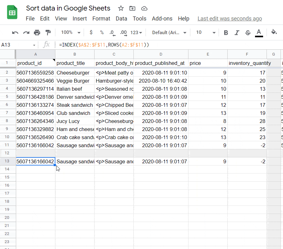 Reverse sort data in Google Sheets using INDEX and ROWS