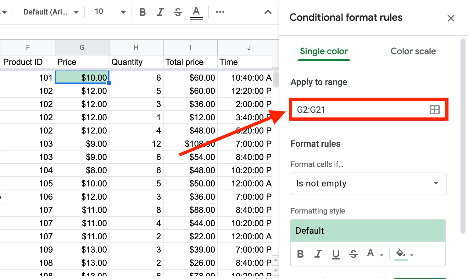 Sélectionnez un intervalle pour la mise en forme conditionnelle