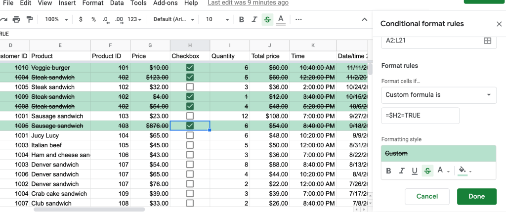 Google Sheets conditional formatting using checkbox