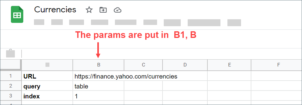 The URL, query, and index parameters in B1-B3 cells