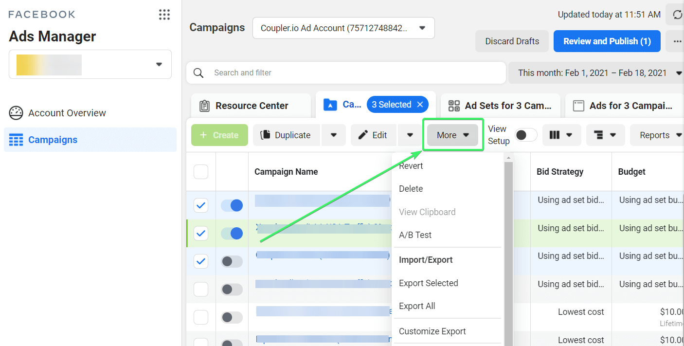 Export functionality Facebook Ads Manager in expanded view