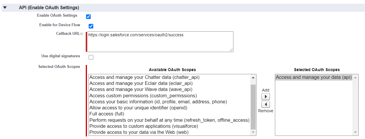 API (Enable OAuth settings)