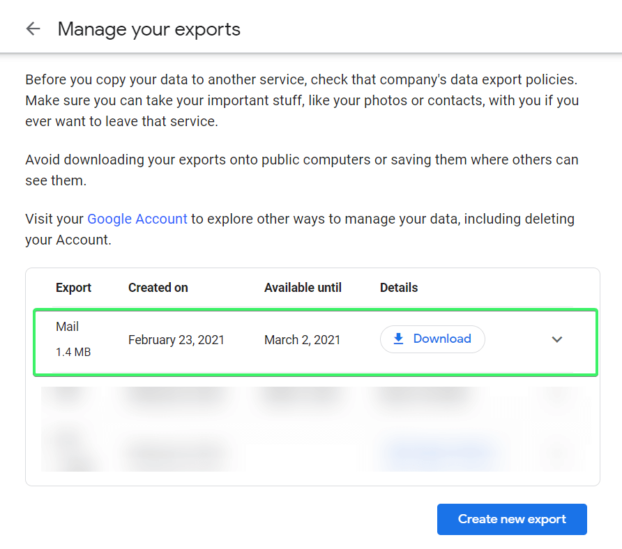 Gmail data export completed