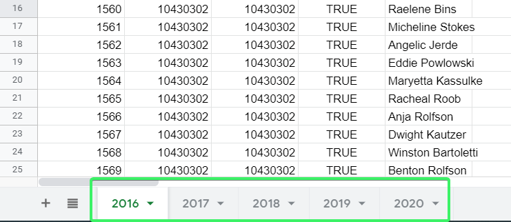 Five sheets that contain data about deals for different years: 2016, 2017, 2018, 2019 and 2020