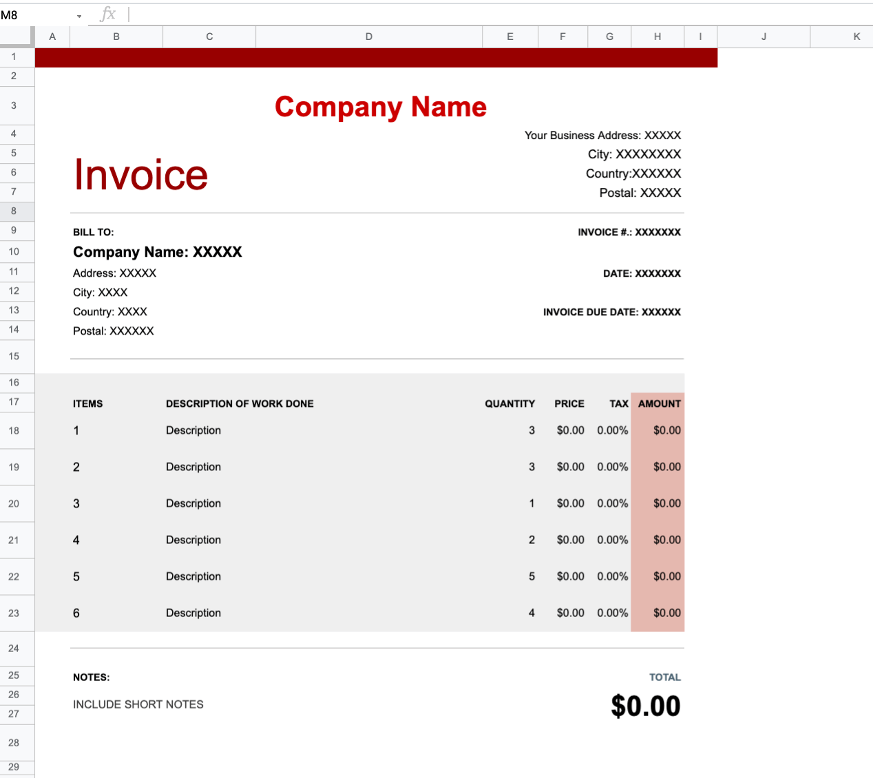 Google Sheets invoice template.