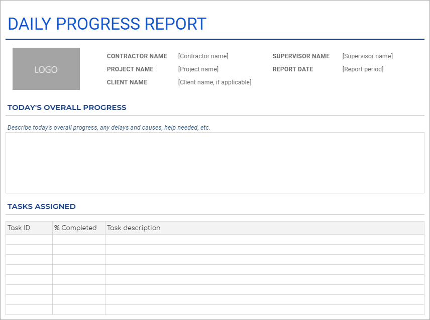 Daily project progress/status report template
