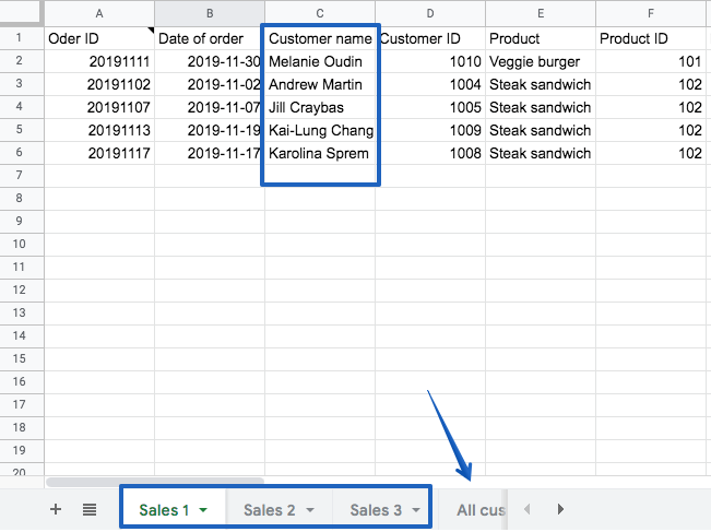 three different tabs with sales data: Sales 1, Sales 2 and Sales 3