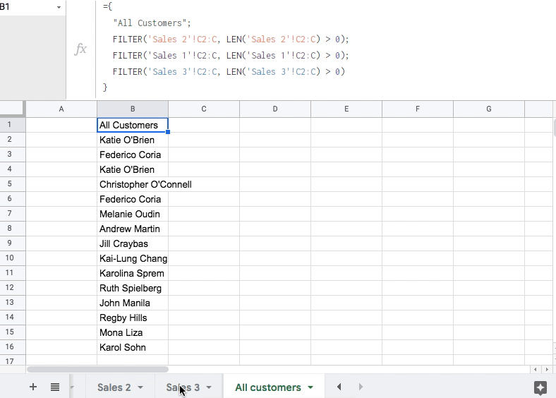 As a result, I get the names of all my customers from three different sheets gathered in one column - how it works