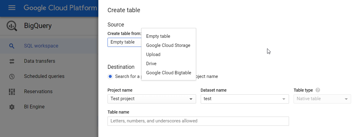 Options to create a table in BigQuery