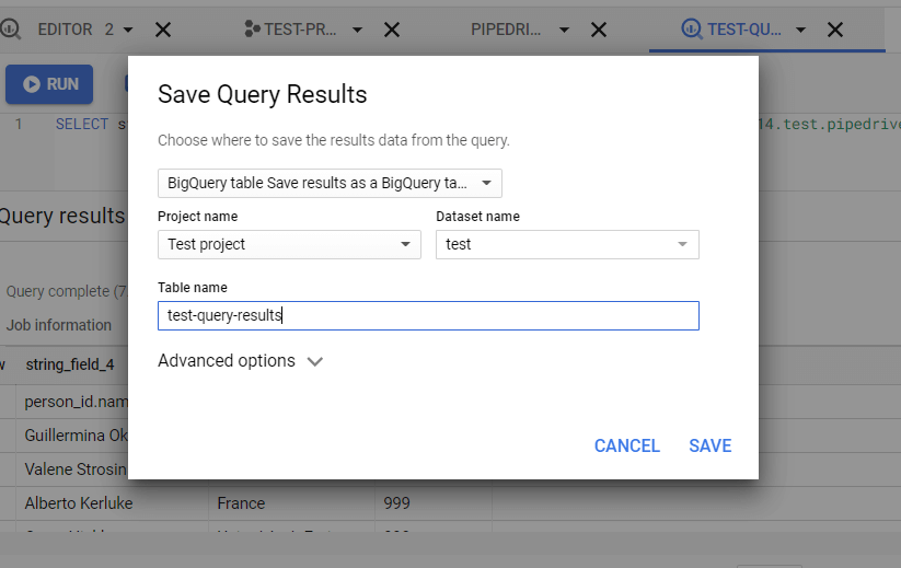 Save query as a BigQuery table