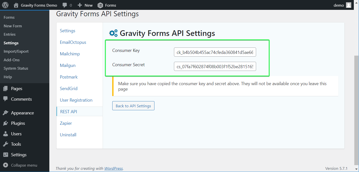 Gravity Forms API credentials