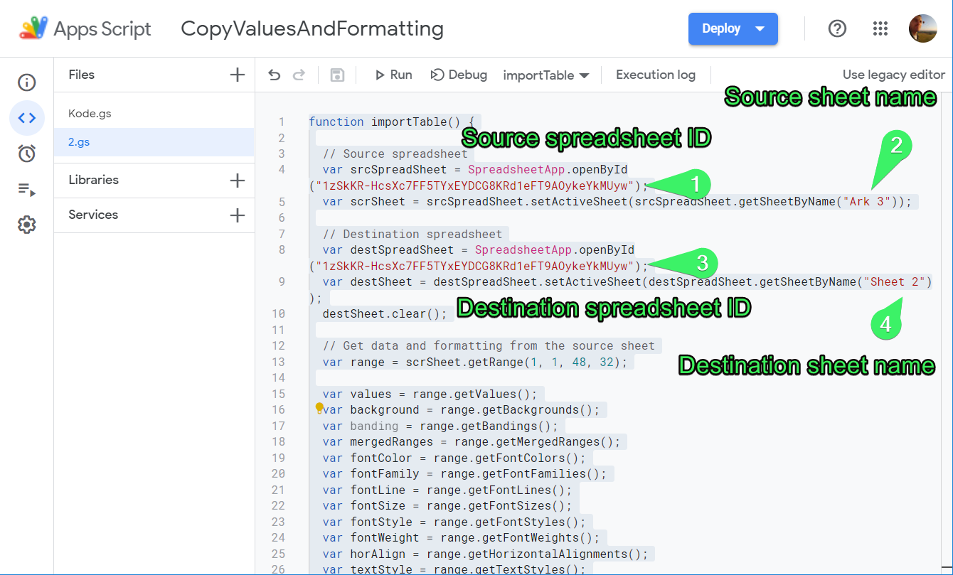 Apps Script for importing data in Google Sheets from another sheet including formatting